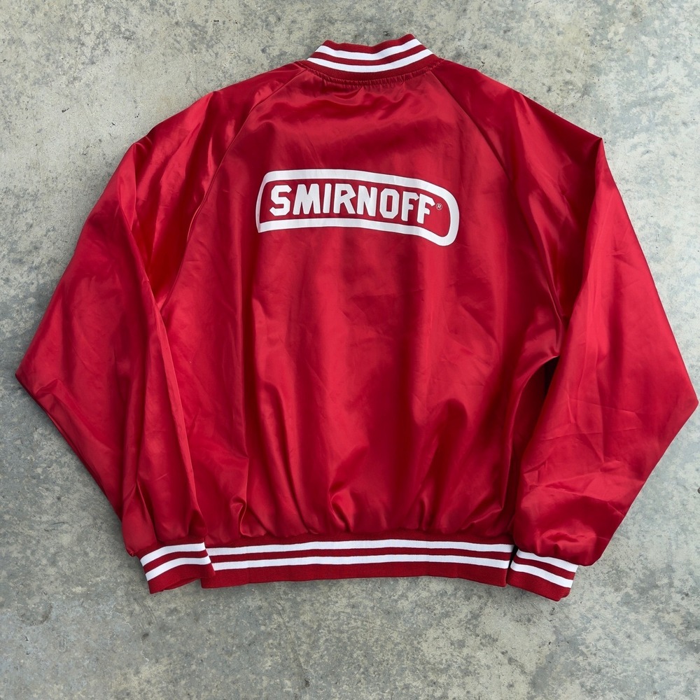 MVP Smirnoff Bomber Jacket Mens XL Red Vintage Satin Snap Front Varsity Style